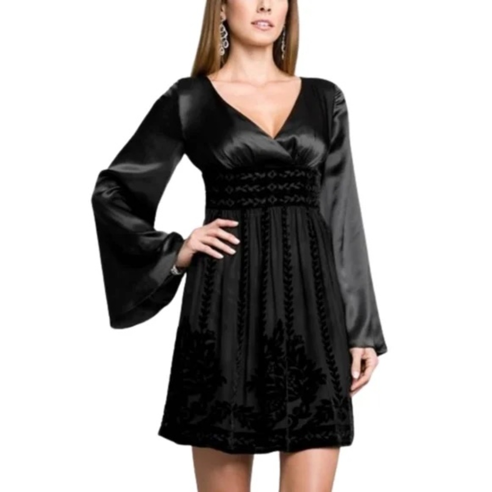 Guess by Marciano Black Dress bell sleeves velour pattern on skirt and waist